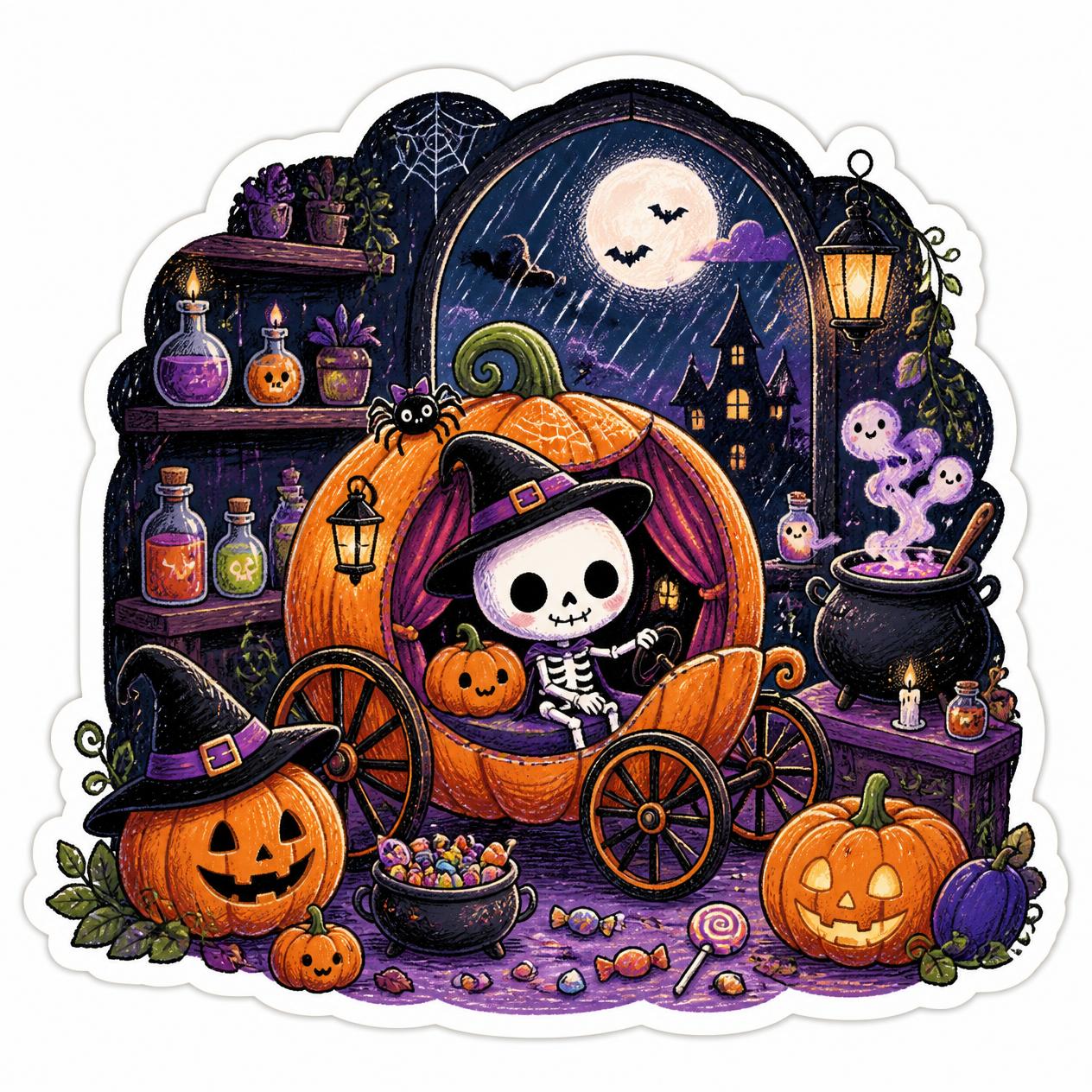 Detailed Halloween image with a cute skeleton as the main subject, riding in a pumpkin carriage with a tiny pumpkin and spider details. Set in a magic potion room on a midnight rainy Halloween night, against a white backgrou