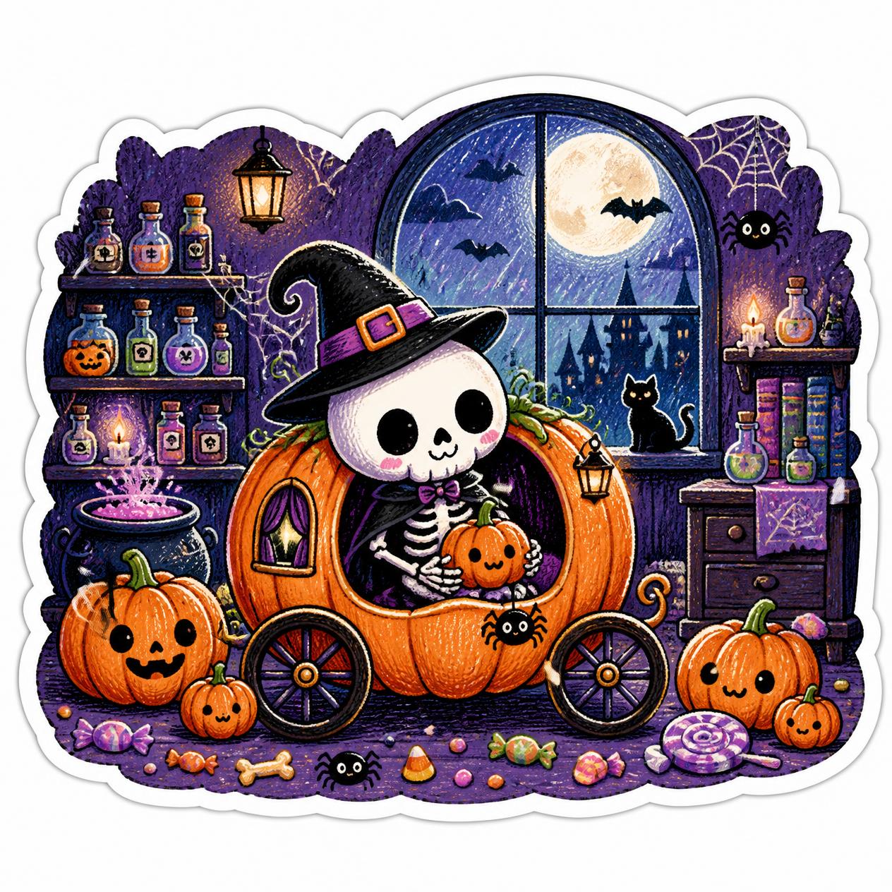 Detailed Halloween image with a cute skeleton as the main subject, riding in a pumpkin carriage with a tiny pumpkin and spider details. Set in a magic potion room on a midnight rainy Halloween night, against a white back (1)