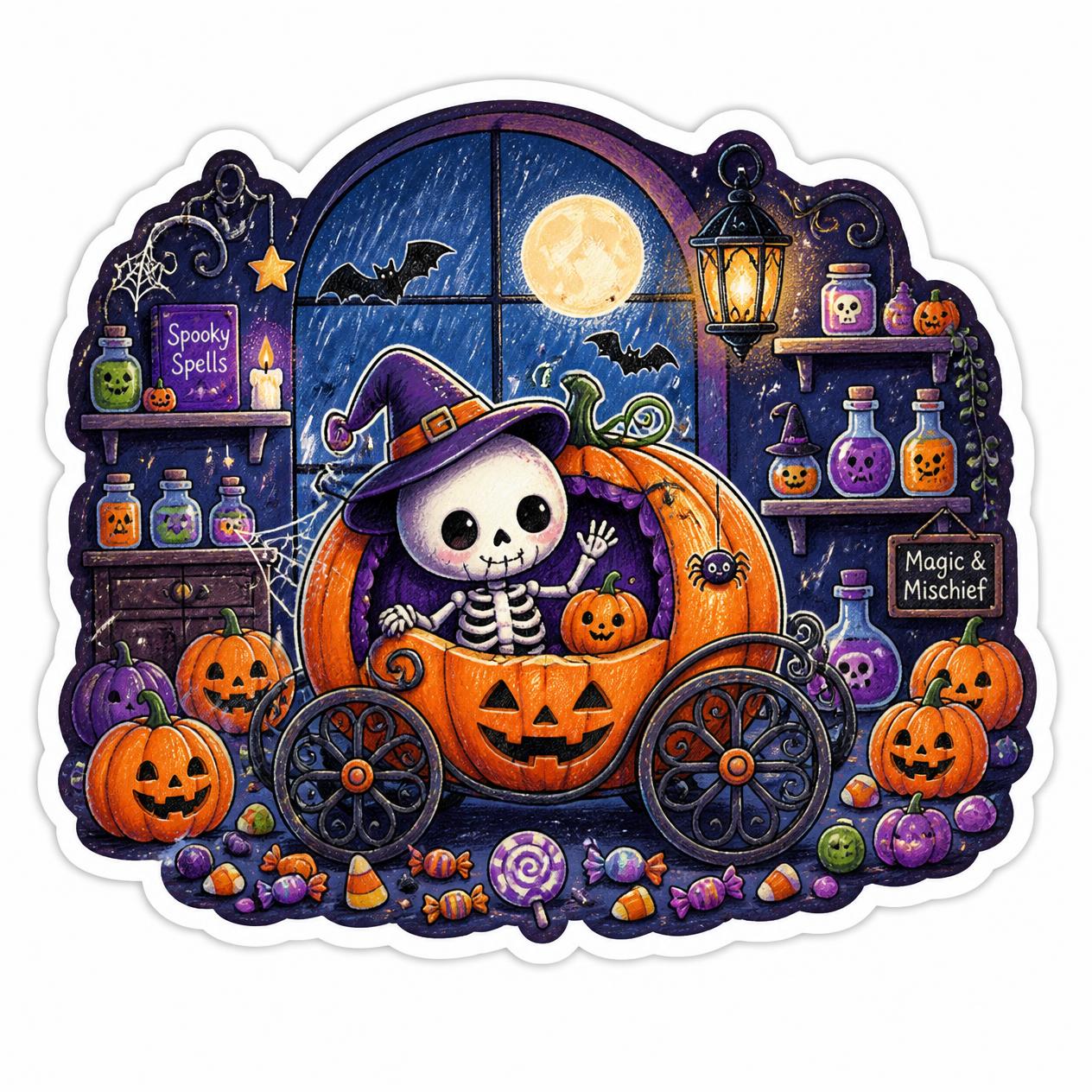 Detailed Halloween image with a cute skeleton as the main subject, riding in a pumpkin carriage with a tiny pumpkin and spider details. Set in a magic potion room on a midnight rainy Halloween night, against a white back (2)
