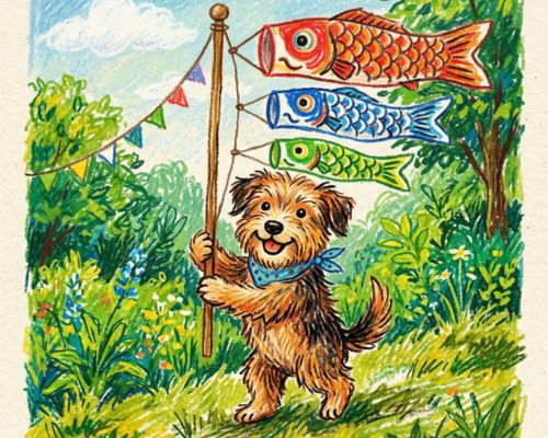 こいのぼり AI画像 Gemini 絵本風 クレヨン